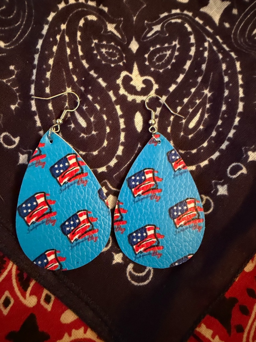 Patriotic Blue Leather Teardrop Flag Earrings
